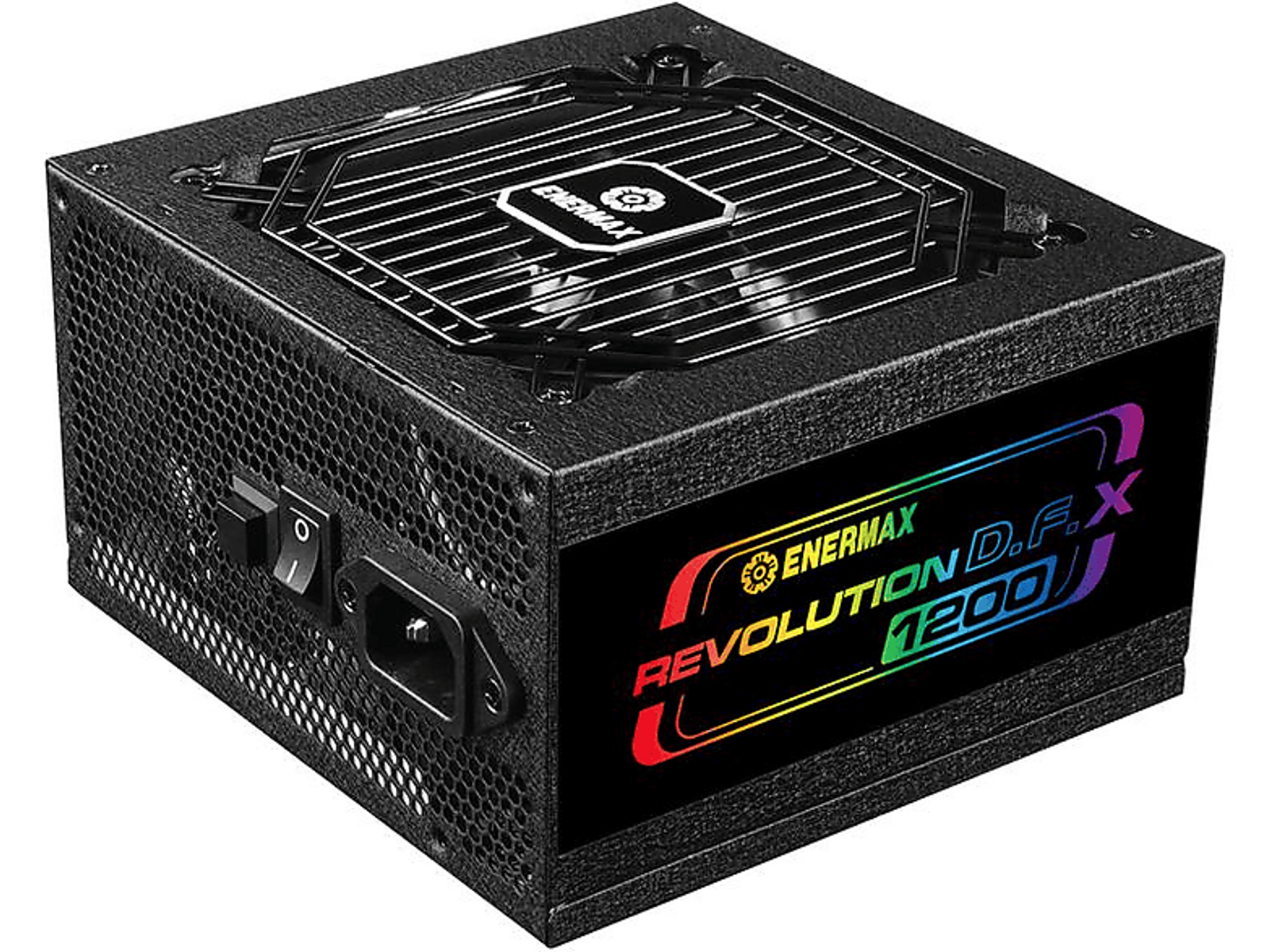 Un alimentatore nero con un'etichetta Enermax Revolution D.F.X.