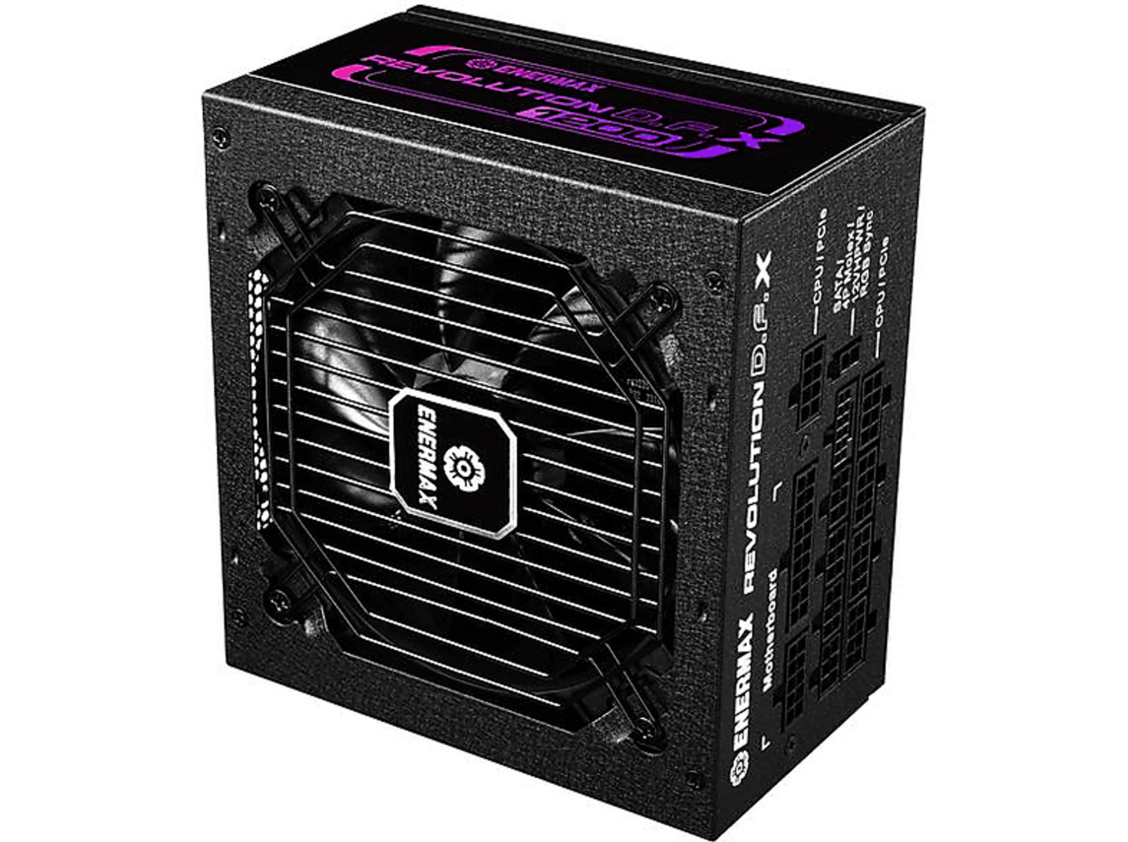 Alimentatore per computer nero. C'è scritto 'ENERMAX REVOLUTION D.F.X'.