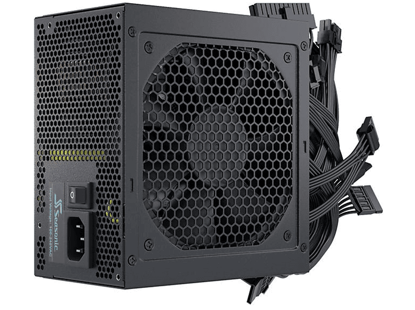 Zwarte Seasonic voeding met ventilator, aan/uit knop en kabels.