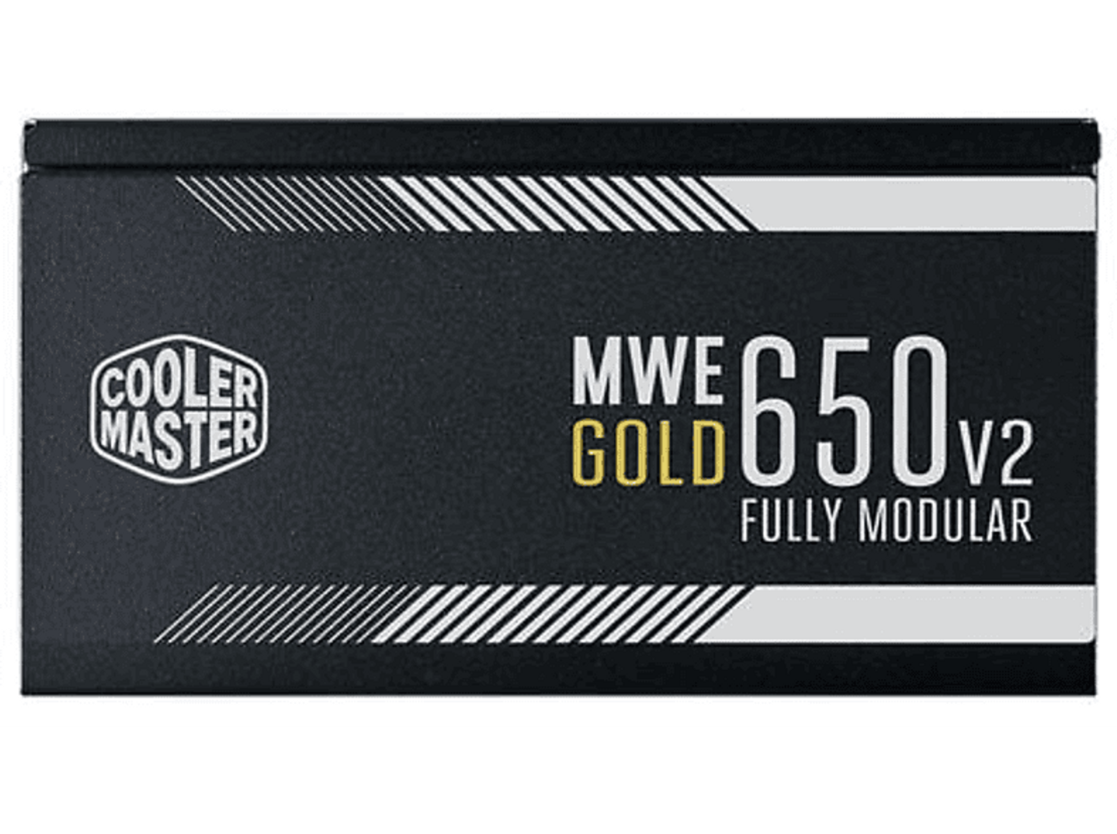 Scatola nera dell'alimentatore con logo Cooler Master, testo e dettagli bianchi.