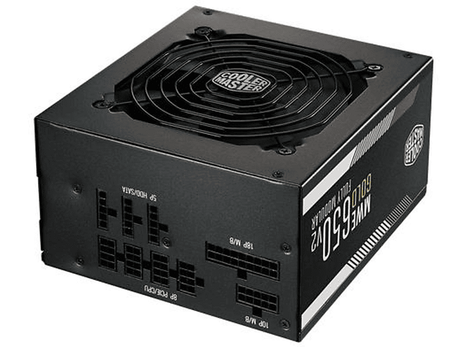 Alimentatore Cooler Master nero con ventola sopra e connettori.
