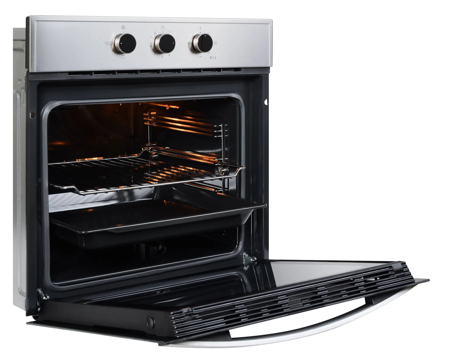Horno de acero inoxidable con la puerta abierta, mostrando rejillas y una bandeja para hornear en el interior.