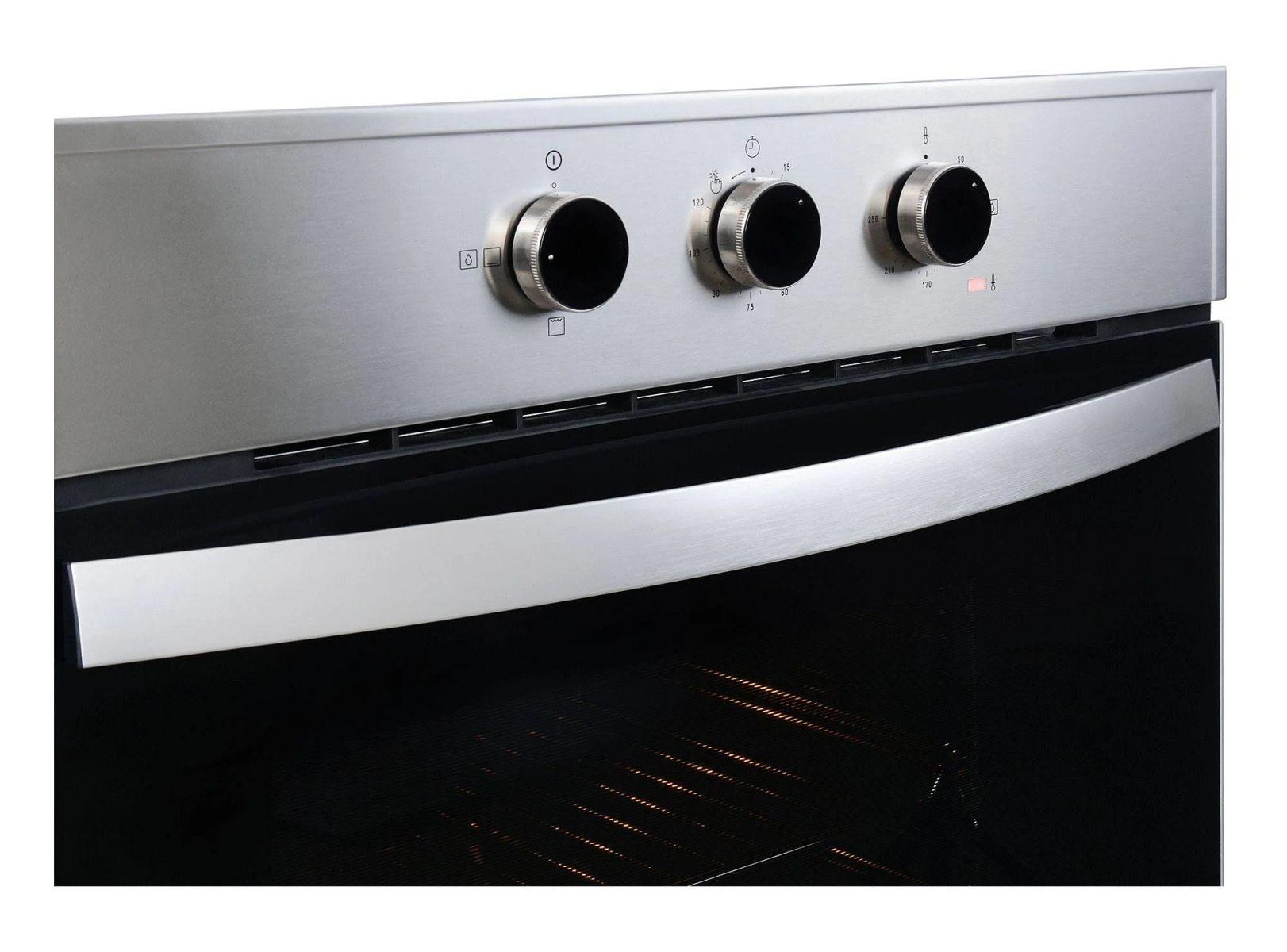 Panel de control del horno de acero inoxidable con perillas y manija.