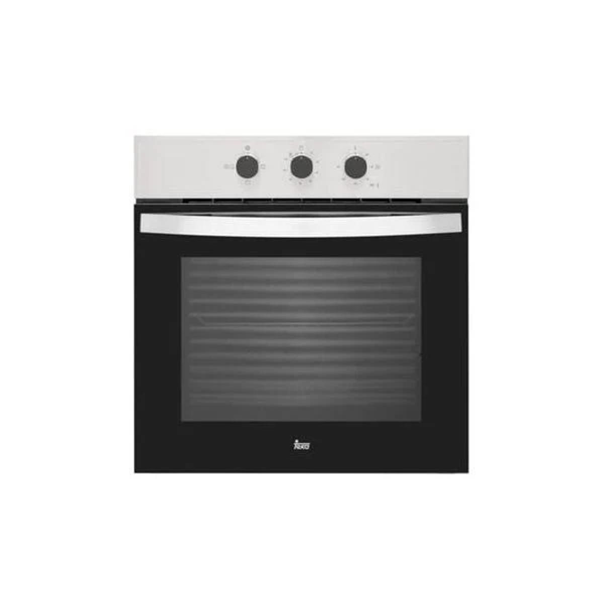 Horno negro con panel superior blanco, tres mandos y puerta de cristal. Fondo blanco.