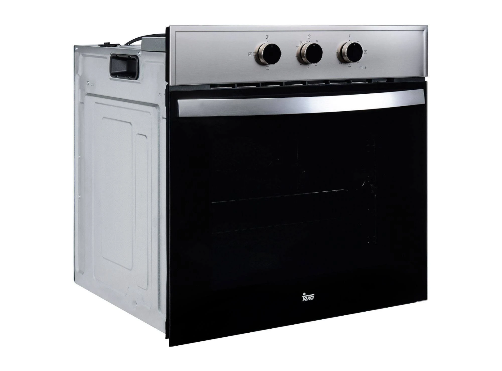 Un horno con tapa de acero inoxidable y puerta de cristal negra, sobre fondo blanco.