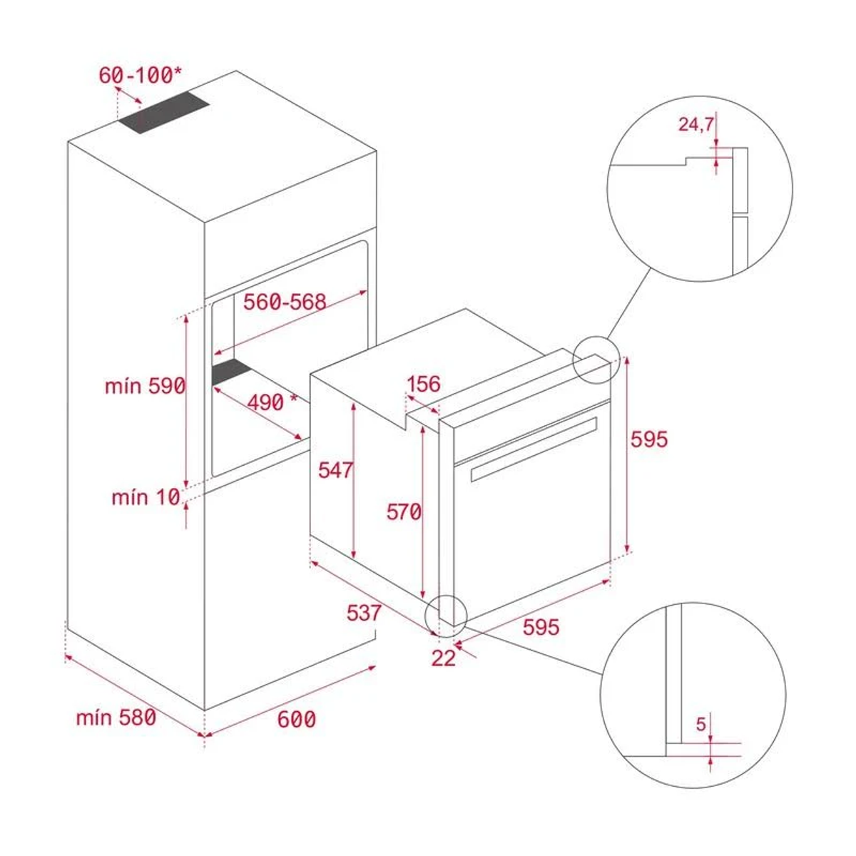 Diagrama de un horno empotrado con dimensiones. El horno es blanco y tiene un panel de control negro.
