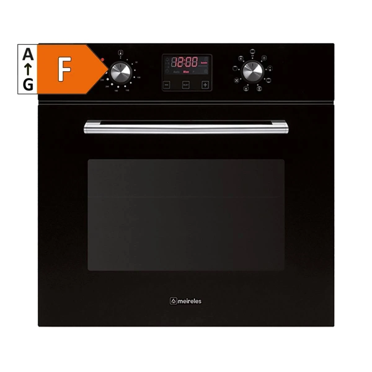 Horno negro con etiqueta de eficiencia energética. Pantalla digital. Puerta negra y panel plateado.