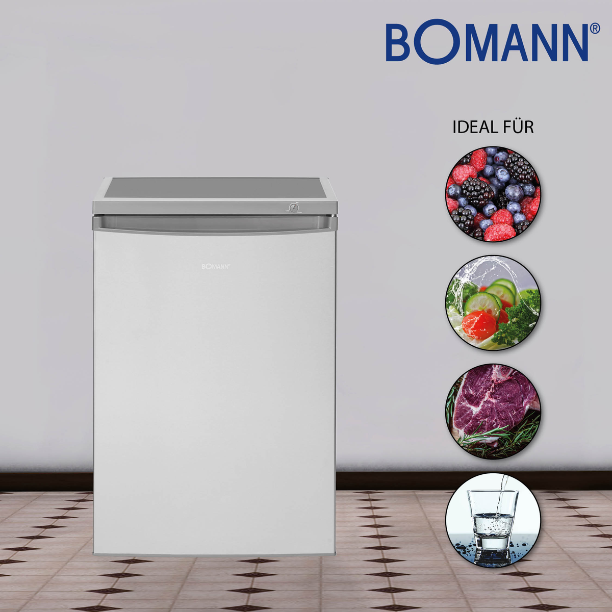 Weißer Kühlschrank mit grauem Deckel. Symbole für Obst, Gemüse, Fleisch und Wasser werden angezeigt.