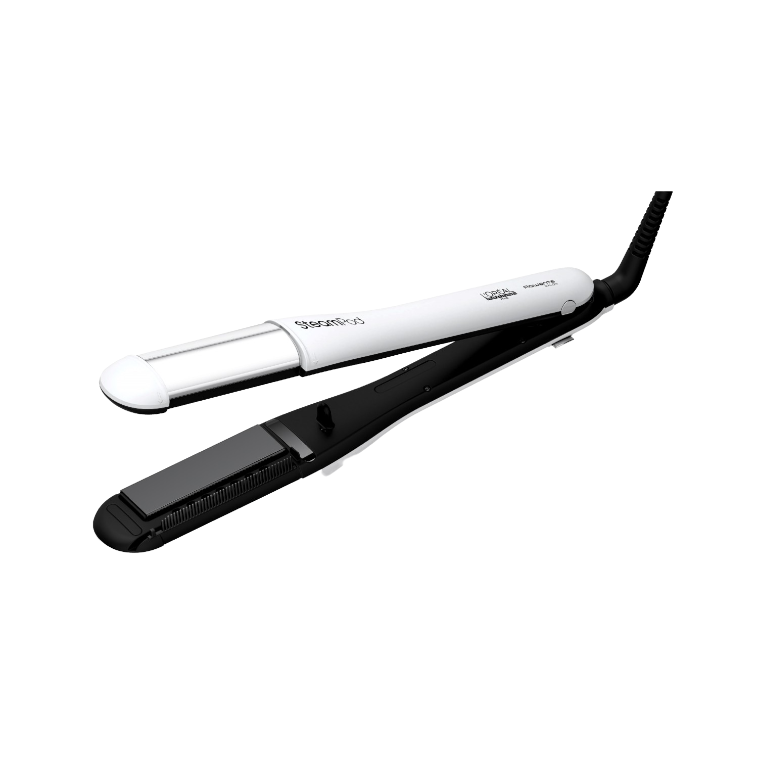 Plancha de pelo blanca y negra, abierta, sobre una superficie blanca contra fondo negro.