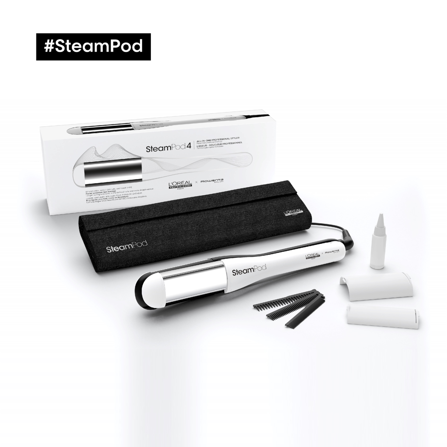 Conjunto L'Oréal Steampod 4 sobre fondo blanco, incluyendo la plancha, accesorios y caja.