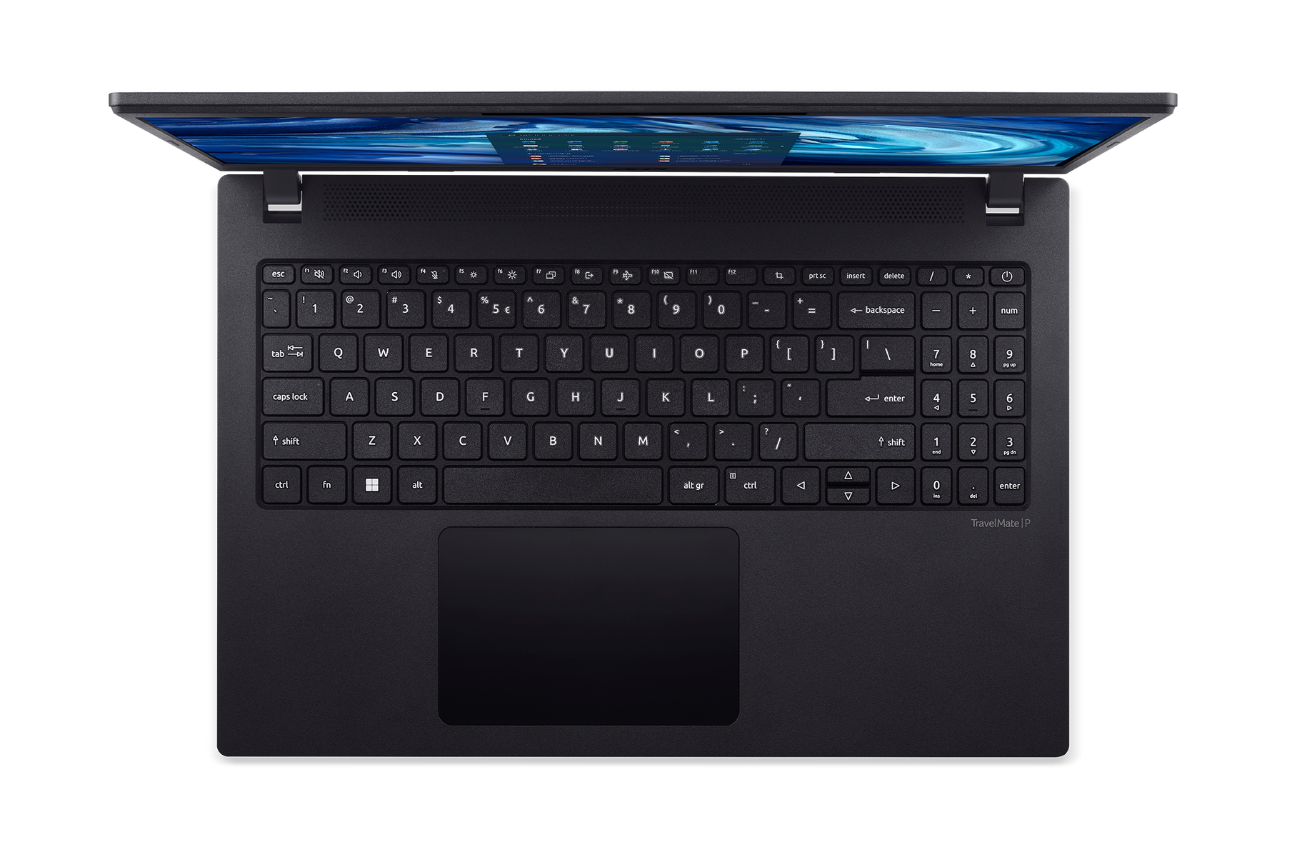 Un laptop nero, vista dall'alto, con lo schermo aperto che mostra una grafica blu e bianca, su una superficie bianca.