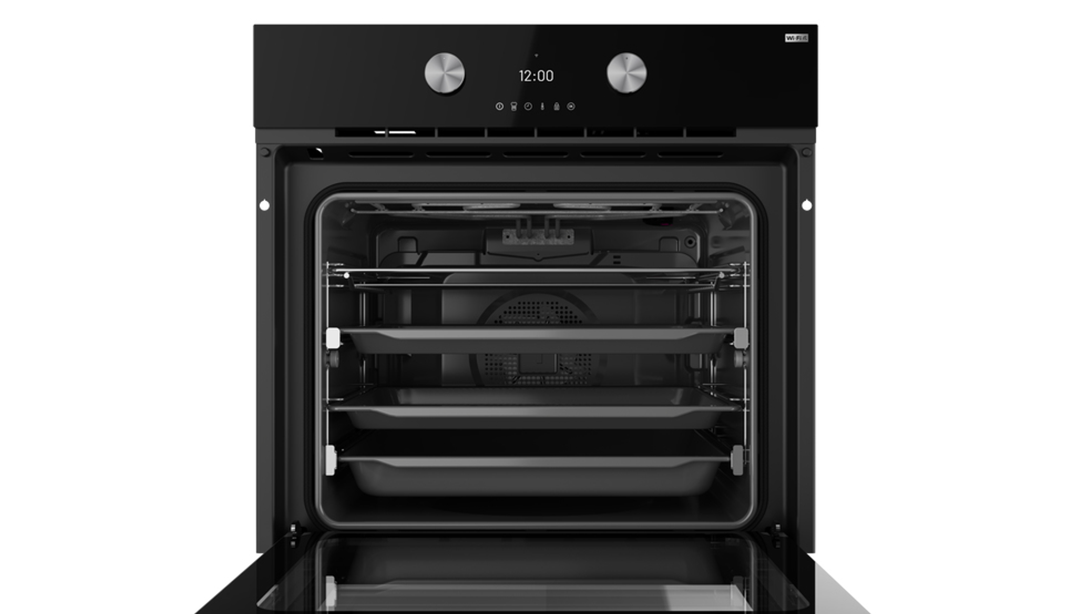 Un horno negro abierto, con bandejas y una pantalla que muestra las 12:00, sobre un fondo blanco.