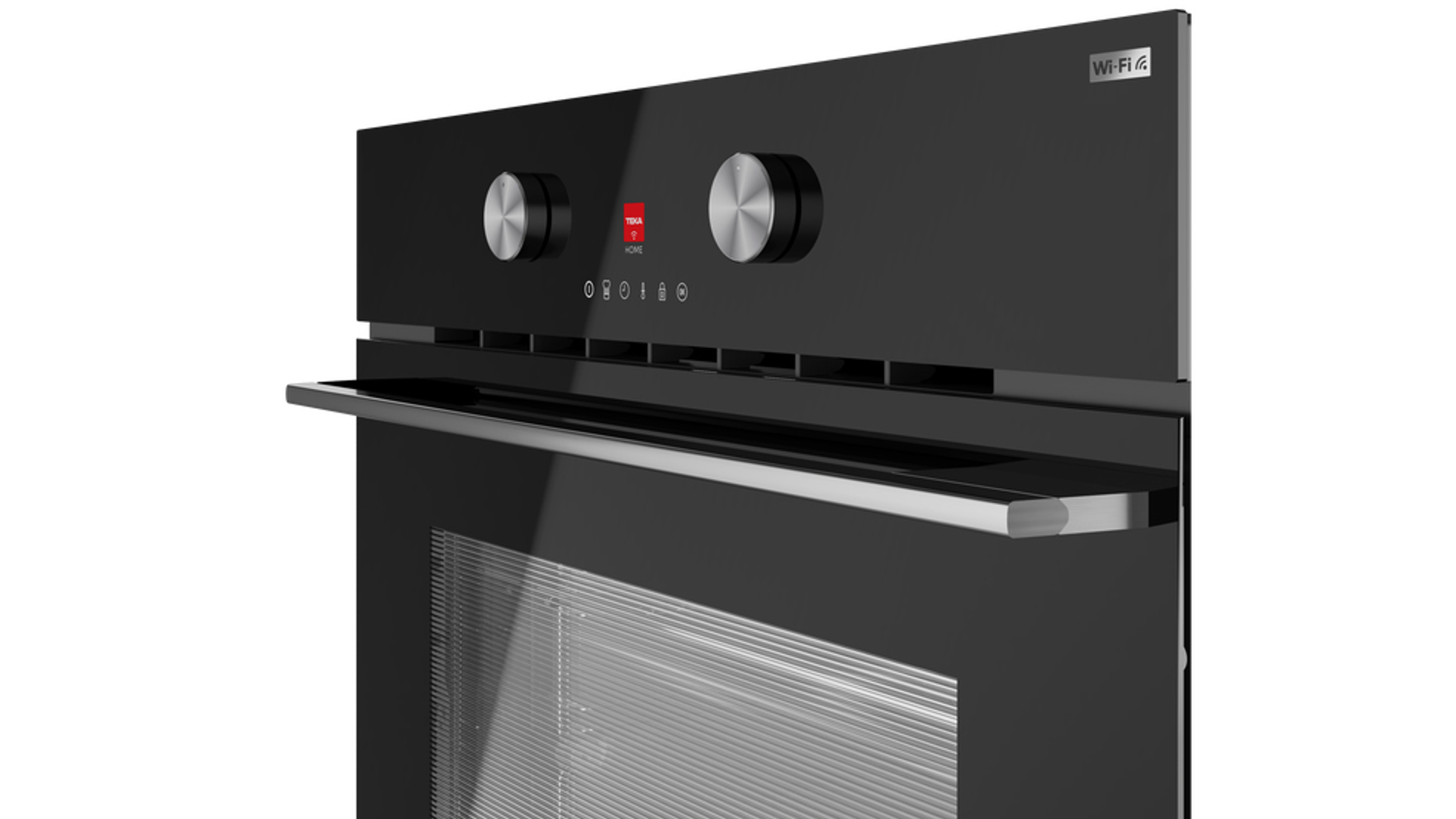Horno negro con mandos, una pantalla y el logotipo Wi-Fi, sobre fondo blanco.