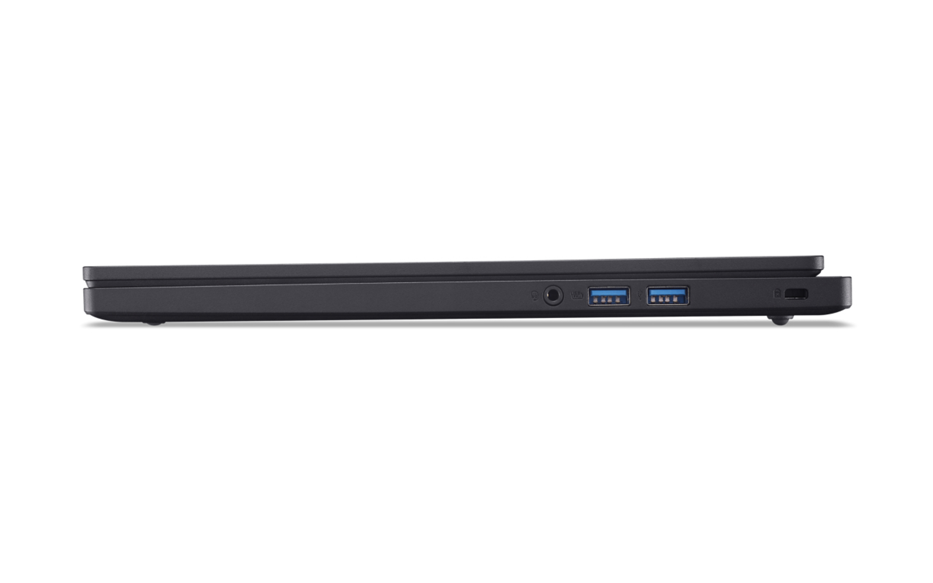 Vista laterale di un laptop nero con porte e schermo chiuso.