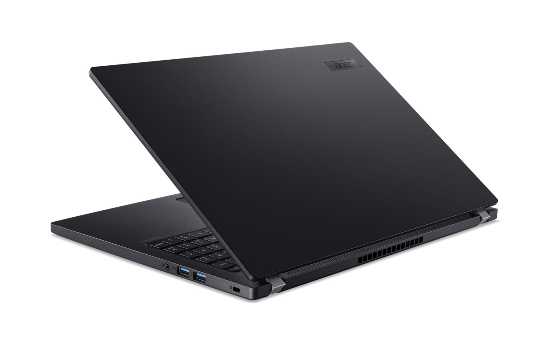 Un laptop nero, leggermente aperto, angolato verso destra. Il logo Acer è visibile.