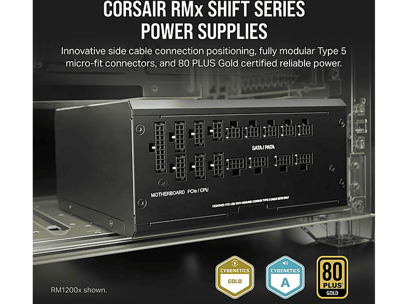 Czarny zasilacz z wieloma portami i logo 80 PLUS Gold.