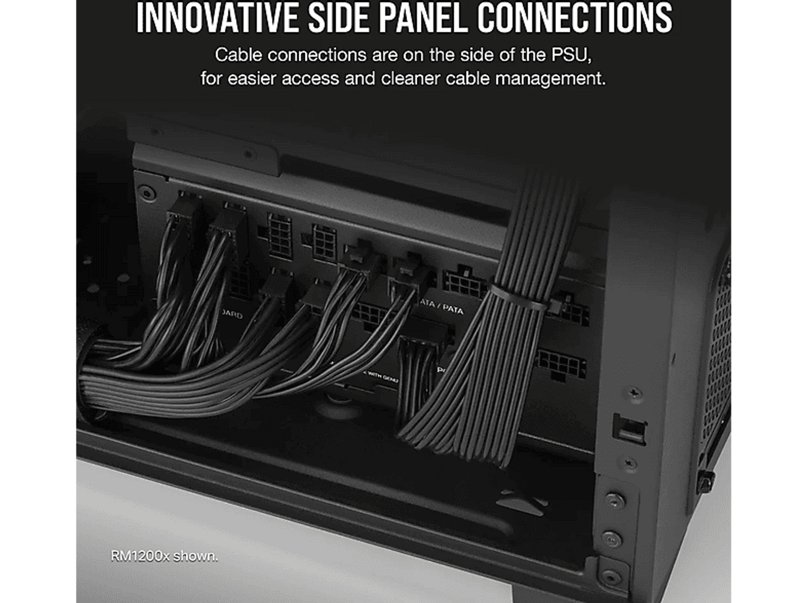 Zbliżenie wnętrza obudowy komputera z kablami i złączami, nakładka tekstowa.