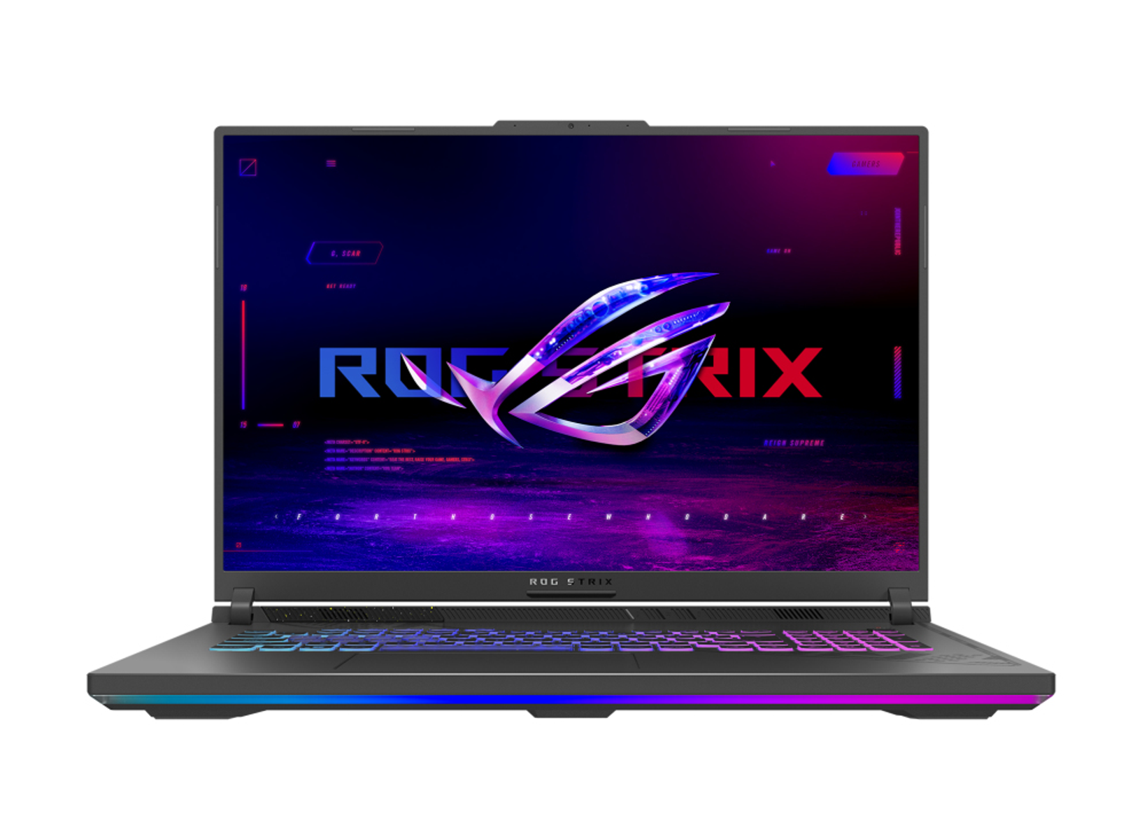 Una laptop ROG Strix, abierta, con una pantalla colorida e iluminación RGB en la parte inferior.