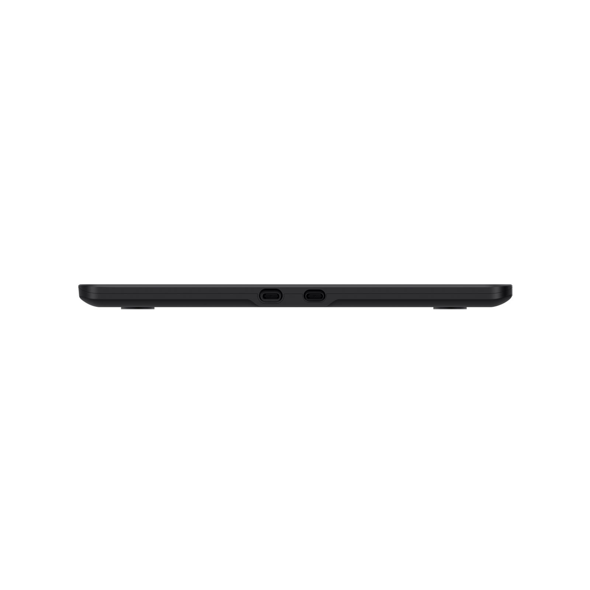 A flat, black device. It has two circular indentations. The background is a solid light gray.