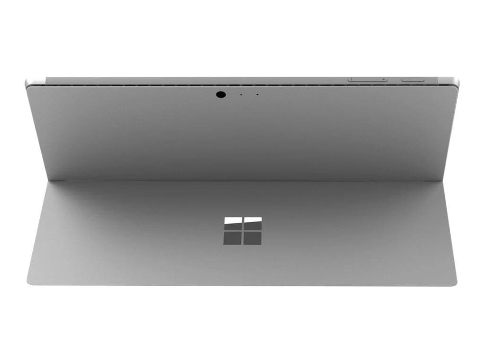 Ein graues Tablet mit nach oben gerichtetem Bildschirm, Webcam und Microsoft-Logo.