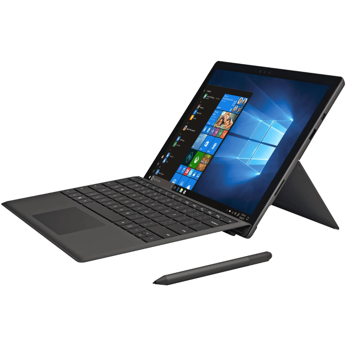 Ein grauer Laptop mit Tastatur, Bildschirm und Stift.