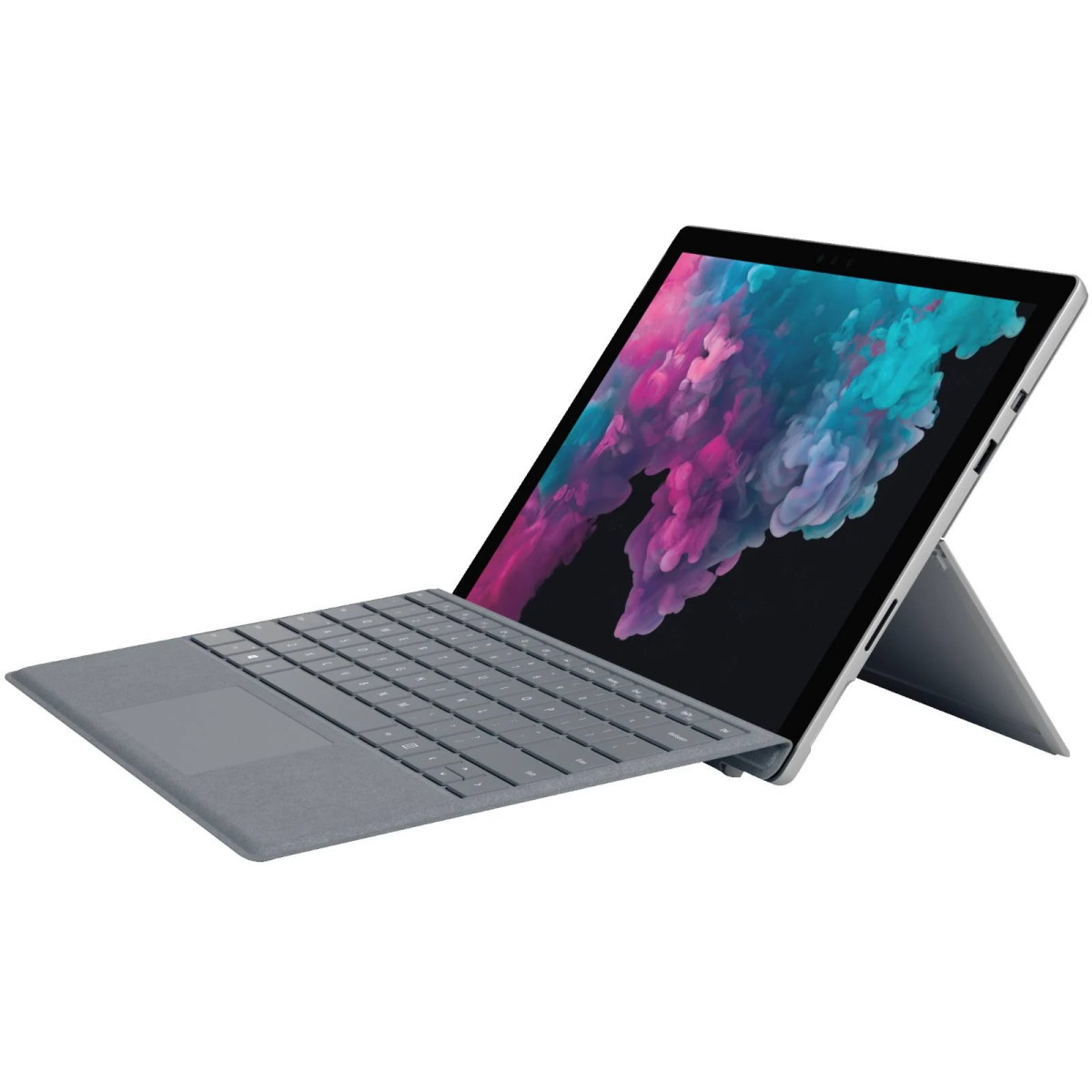 Ein grauer Laptop mit geöffnetem Bildschirm, der ein farbenfrohes Bild zeigt.