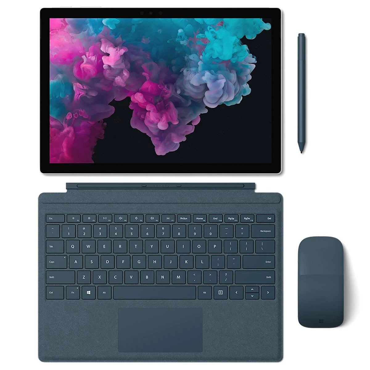 Tablet mit Tastatur, Maus und Stift. Der Bildschirm zeigt bunte abstrakte Kunst.