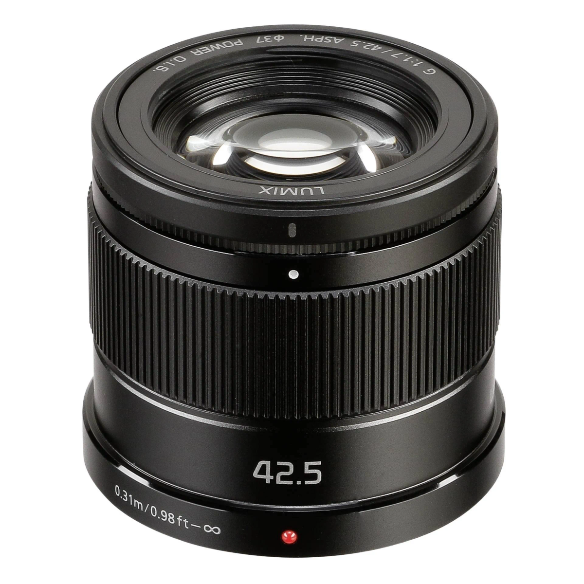 Czarny obiektyw aparatu z soczewką, białą kropką i numerami.