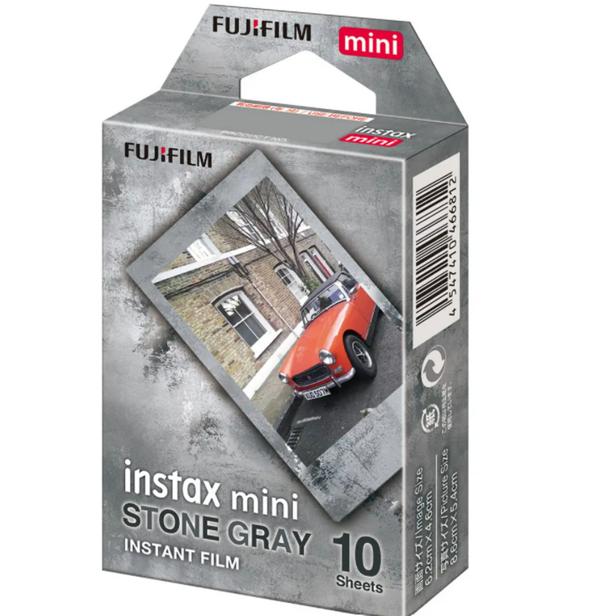 Una caja de película instantánea Fujifilm instax mini con una imagen de un coche clásico.