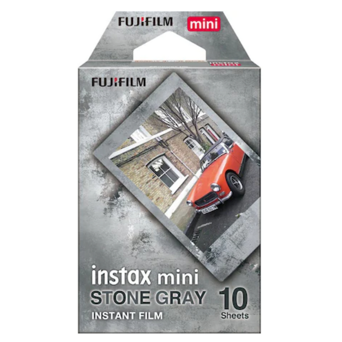 Caja de película instantánea Instax Mini Stone Gray con imagen de coche en una ciudad.