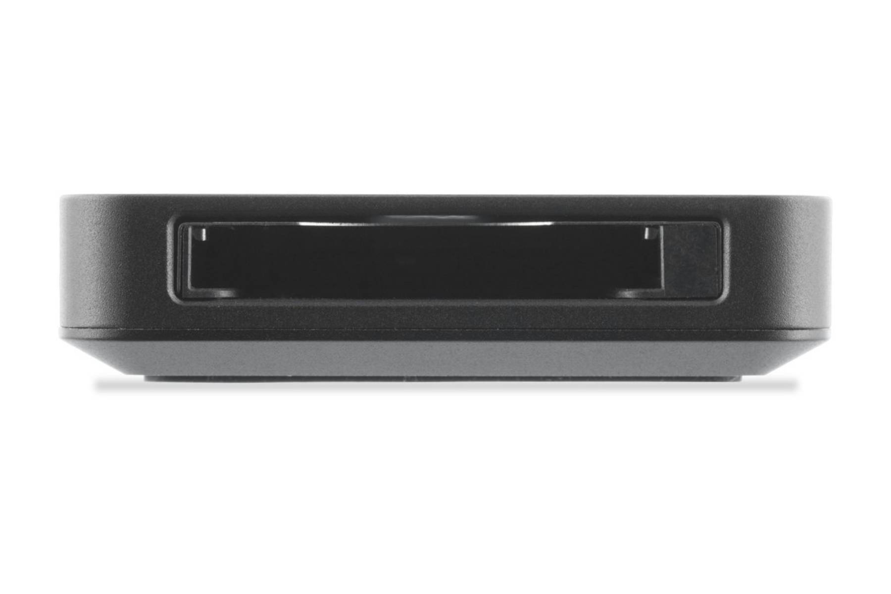 Czarne, prostokątne urządzenie z zagłębionym obszarem i płaską, teksturowaną powierzchnią.