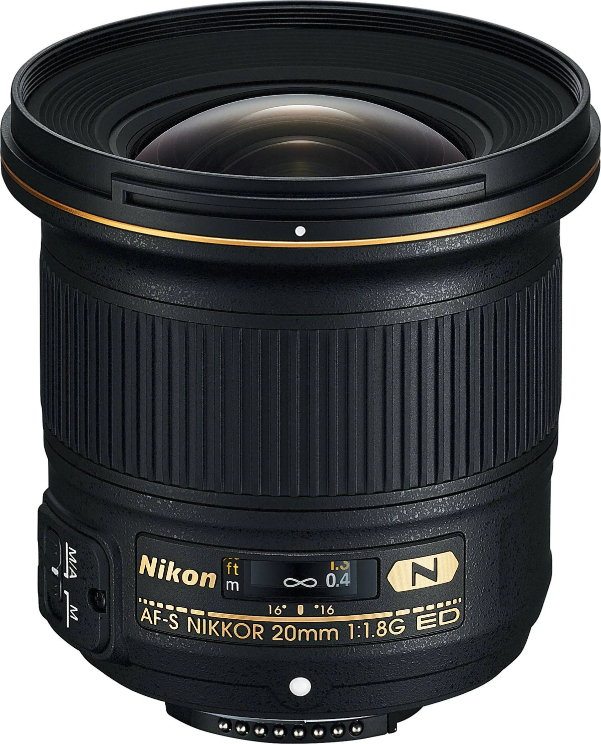 Un objetivo de cámara negro con detalles dorados, una escala de enfoque y el logotipo de Nikon.