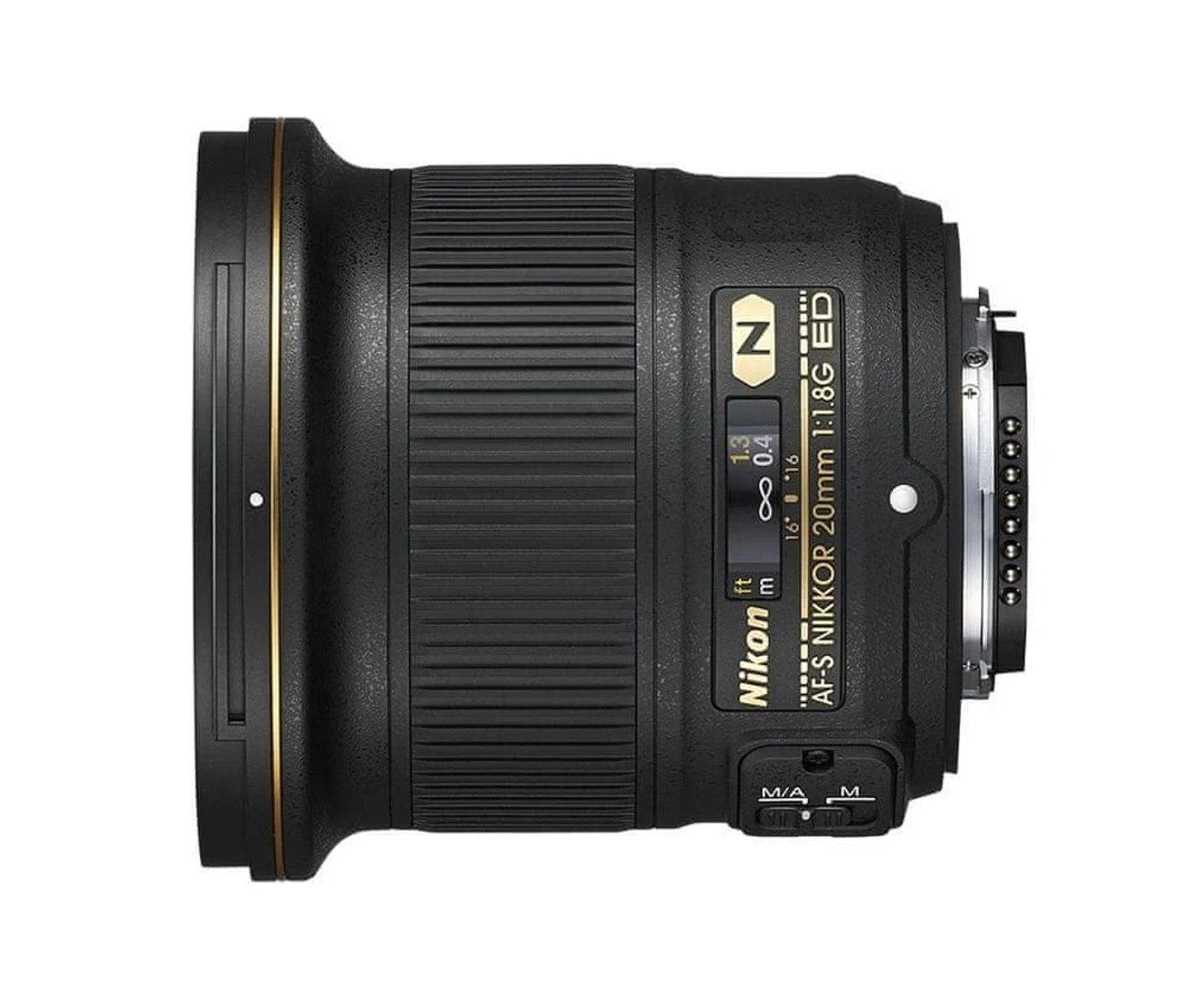 Lente Nikon negra con detalle de anillo dorado, etiqueta AF-S Nikkor 20mm 1:1.8G ED.
