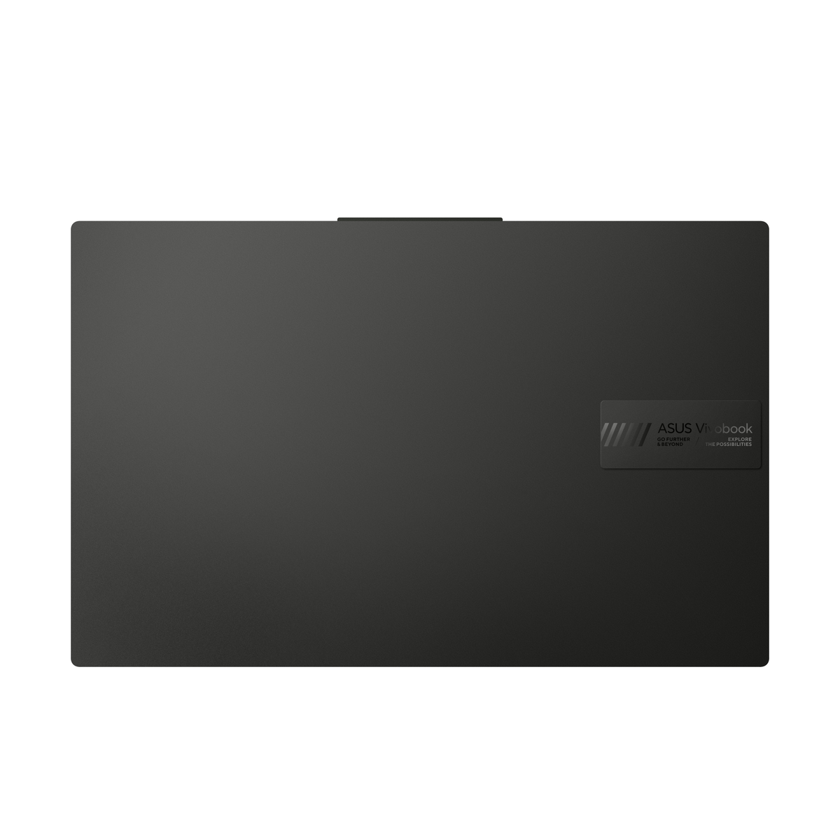 Schwarze Laptop-Rückseite mit dem ASUS Vivobook-Logo in der Mitte auf schwarzem Hintergrund.