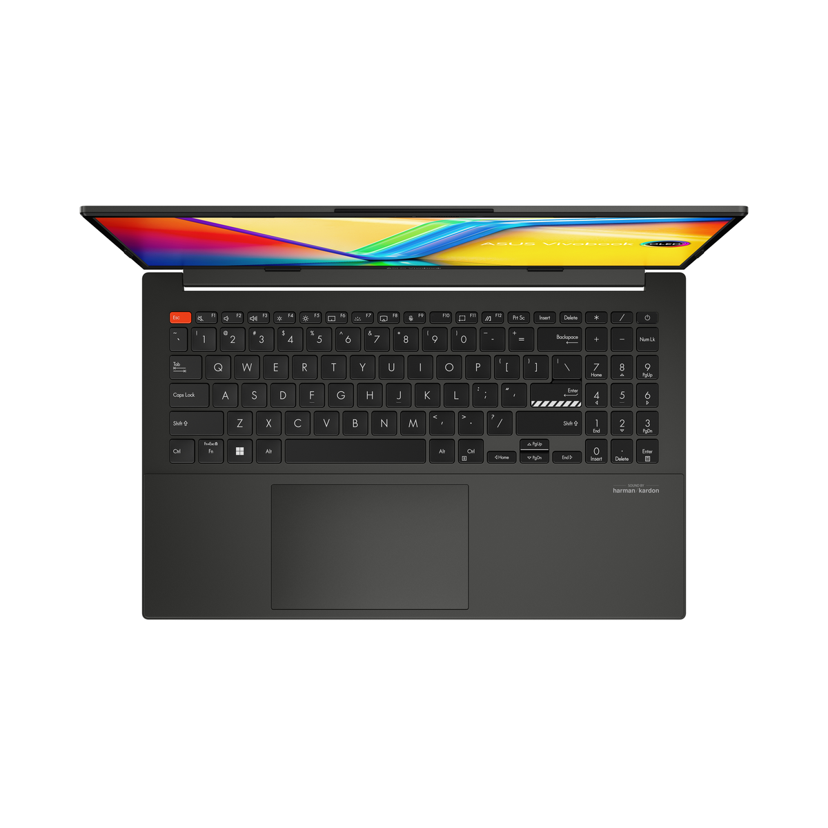 Draufsicht auf einen offenen schwarzen Laptop, Tastatur und Bildschirm mit farbenfroher Anzeige.