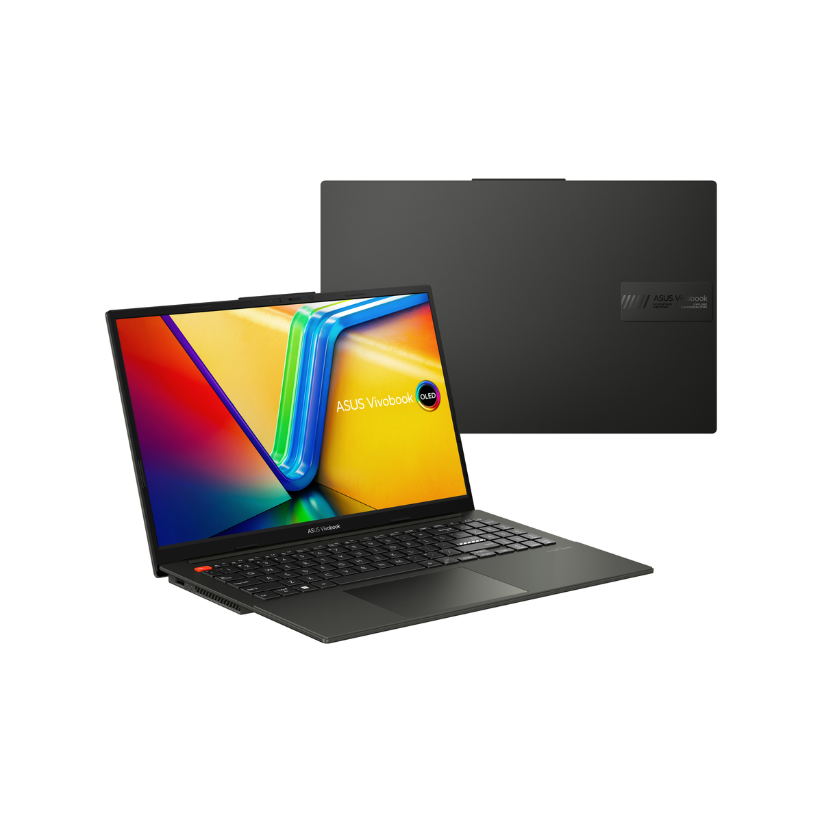 Laptop mit schwarzem Gehäuse, geöffnet, mit farbenfrohem Bildschirm. Ein anderer Laptop dahinter.