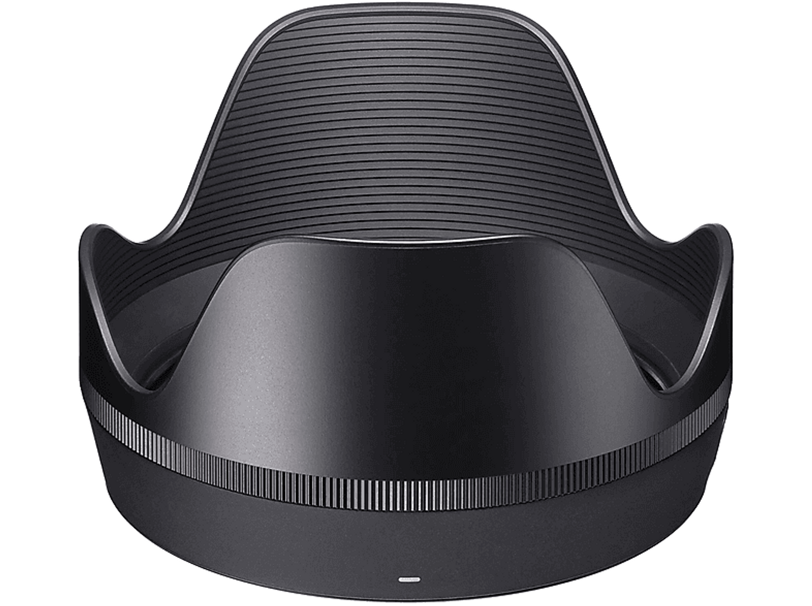 Czarna osłona przeciwsłoneczna obiektywu z poziomymi rowkami, szerokim brzegiem i matowym wykończeniem. Na białym tle.