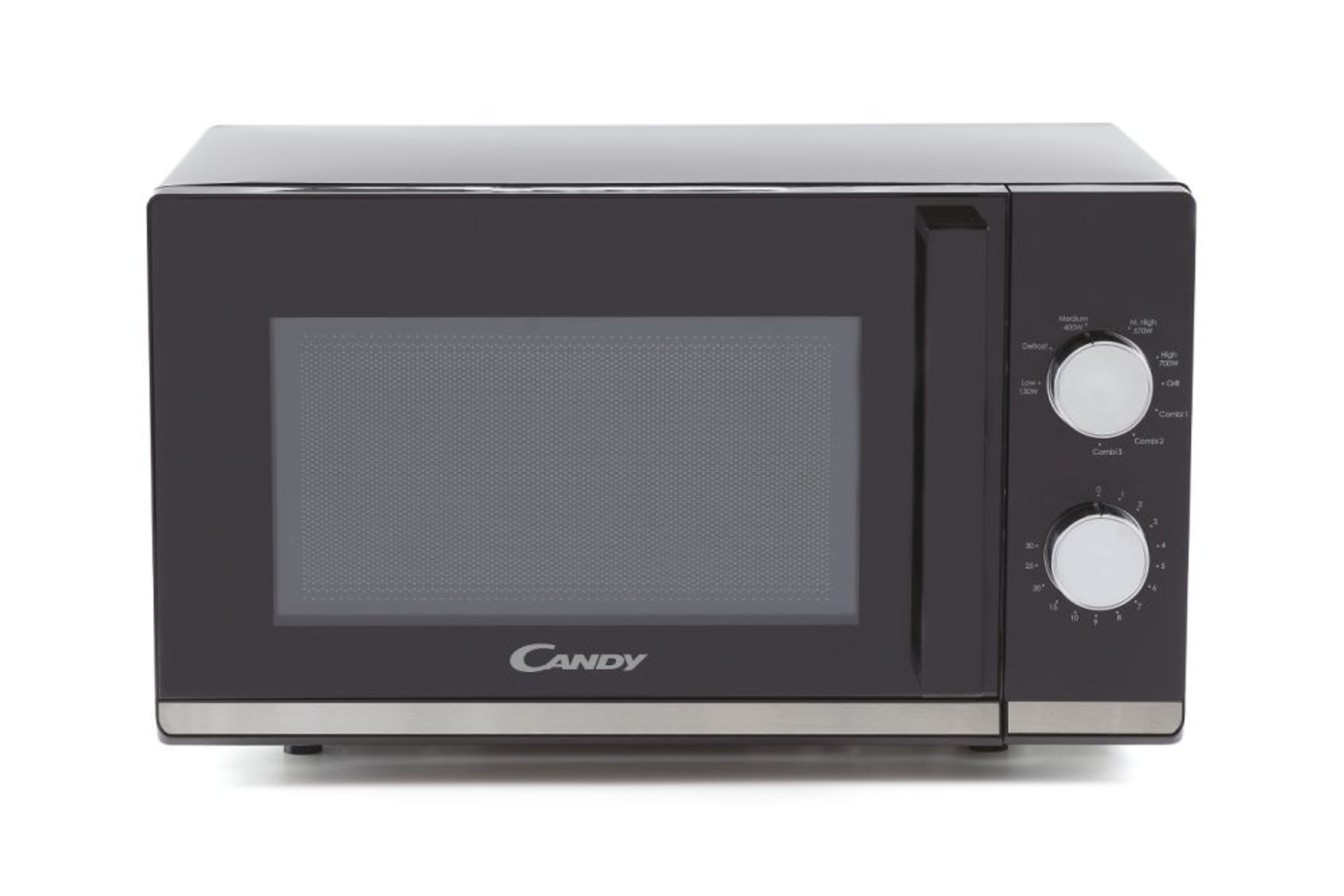 Czarna kuchenka mikrofalowa ze srebrnym wykończeniem na białym tle.