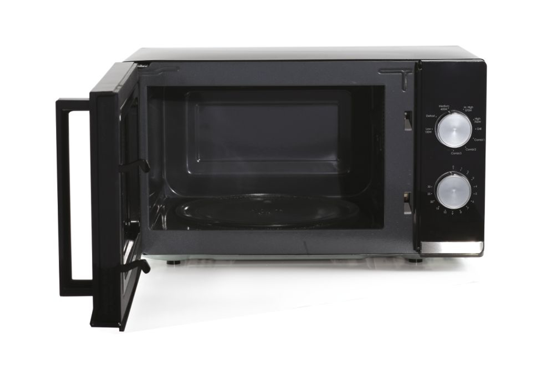 Czarny piekarnik mikrofalowy z otwartymi drzwiami, ukazujący wnętrze i panel sterowania po prawej stronie.