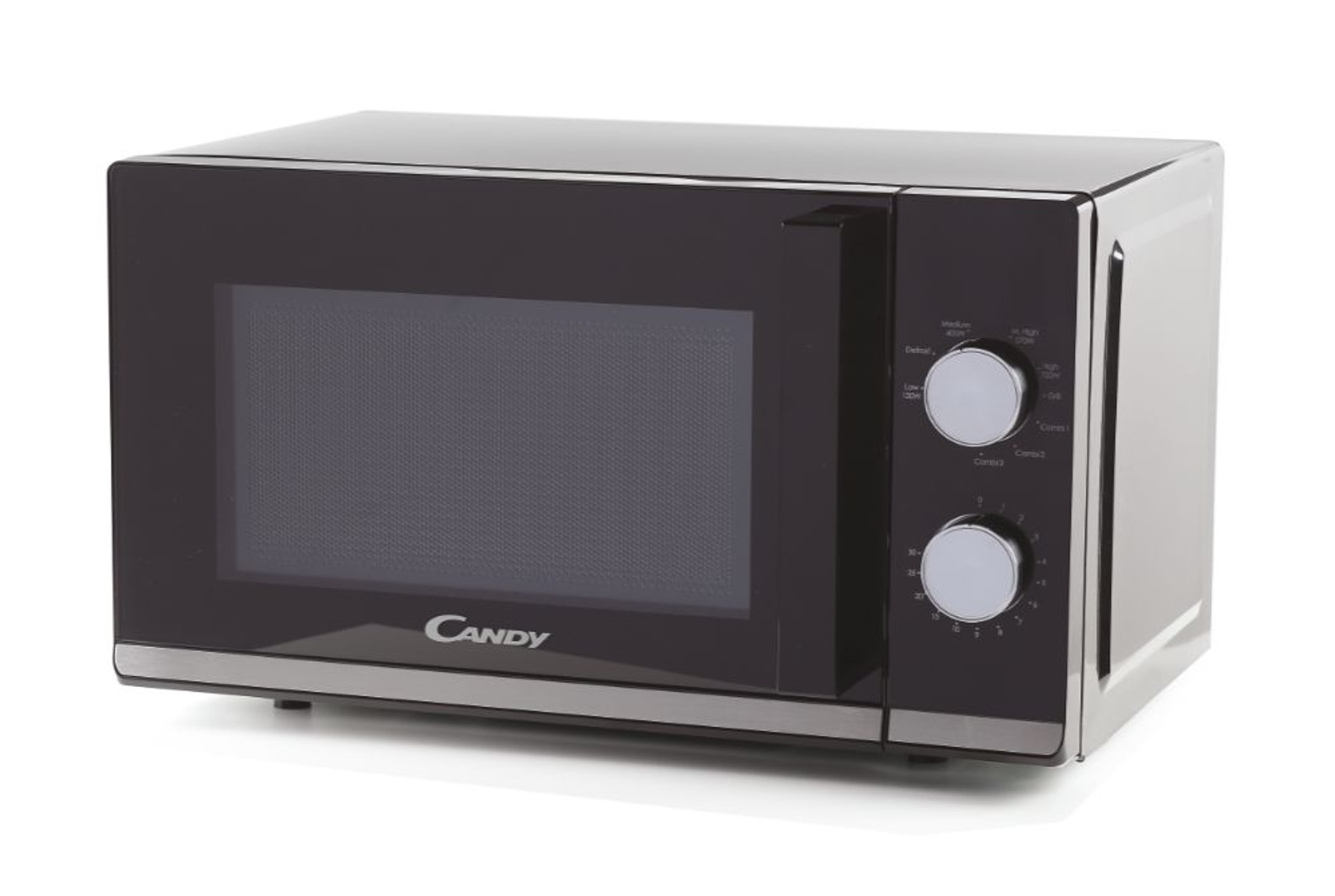 Czarna kuchenka mikrofalowa z czarnymi drzwiami i dwoma pokrętłami.