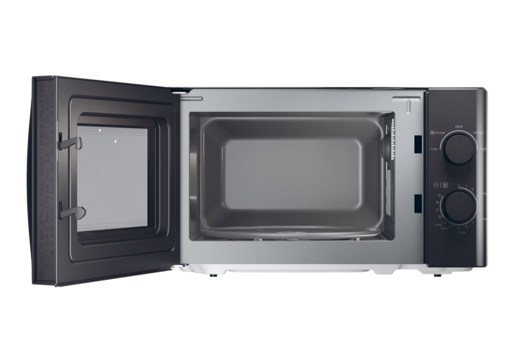 Widok od wewnątrz czarnej kuchenki mikrofalowej z otwartymi drzwiami, pokazujący wnętrze i elementy sterujące.