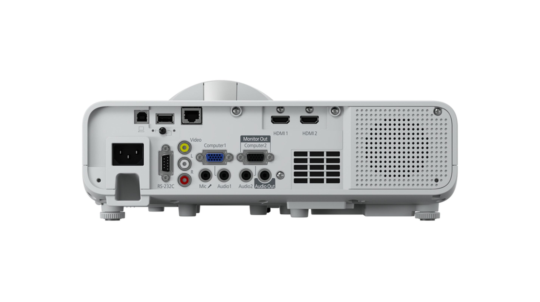 Parte trasera de un proyector blanco mostrando varios puertos y conectores.