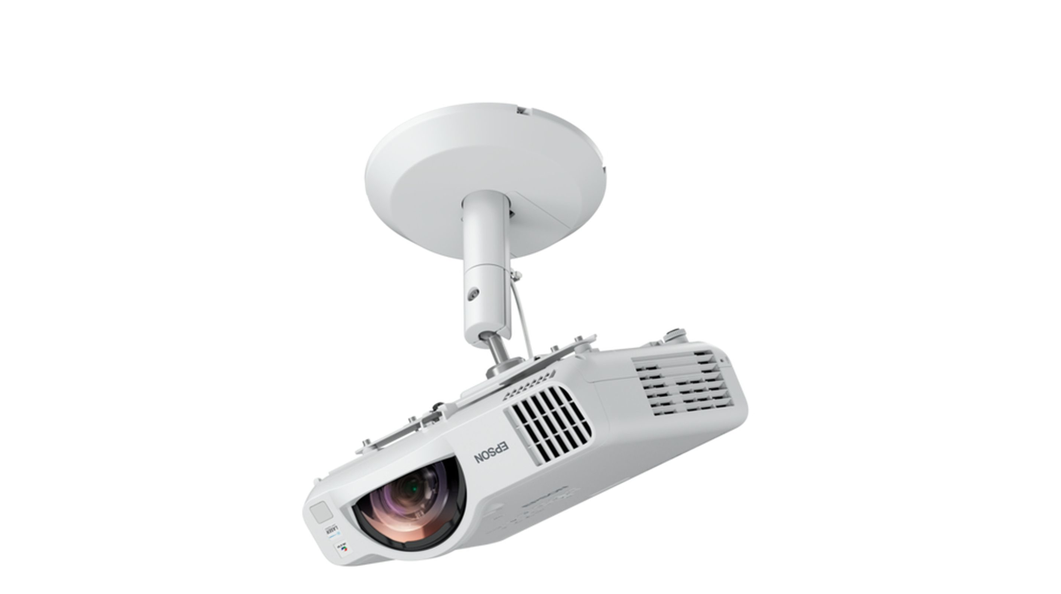 Proyector blanco montado en el techo, inclinado hacia abajo.