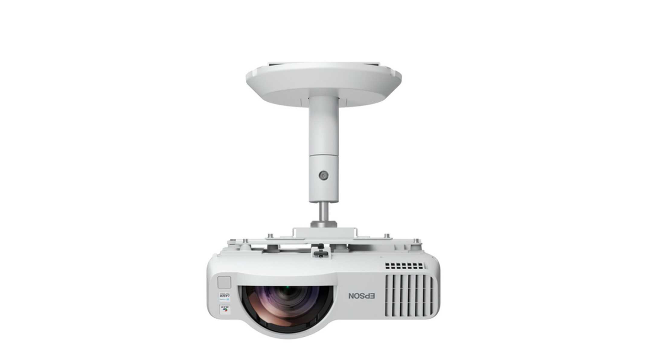 Proyector Epson blanco colgado del techo, enfocado en la lente.