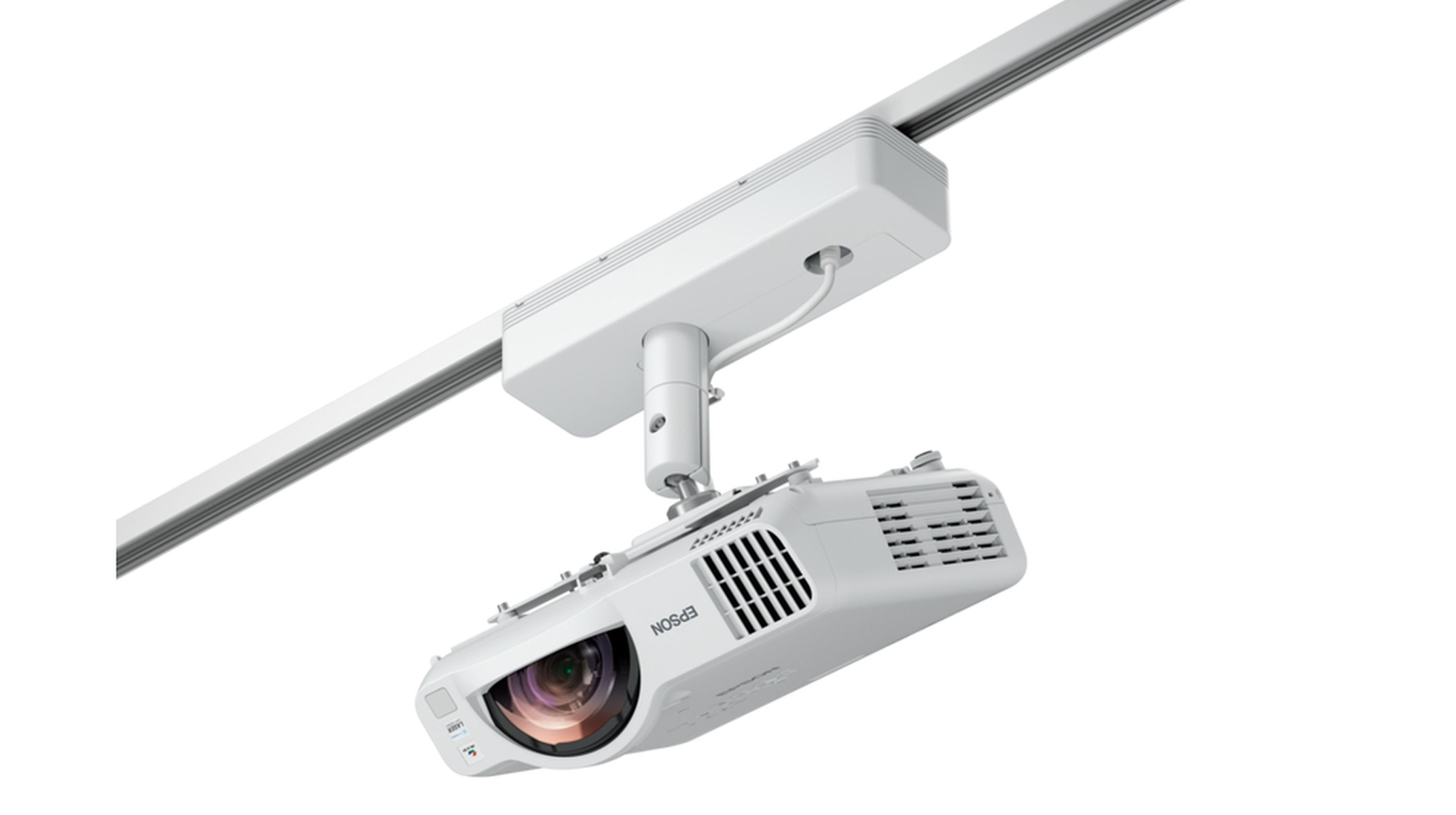 Un proyector Epson blanco colgando de un riel, con la lente hacia abajo.