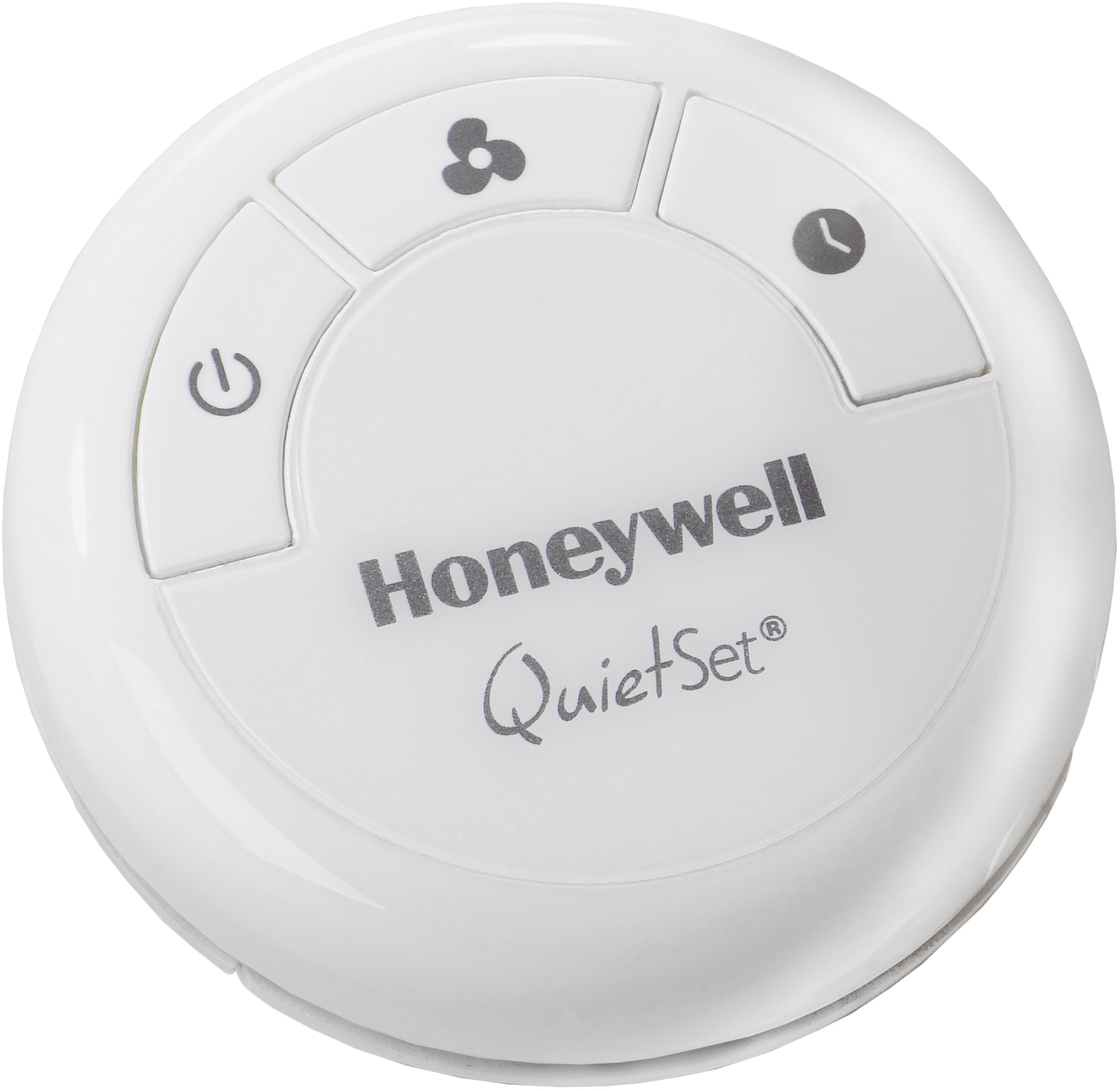 Biały pilot Honeywell QuietSet z przyciskami.