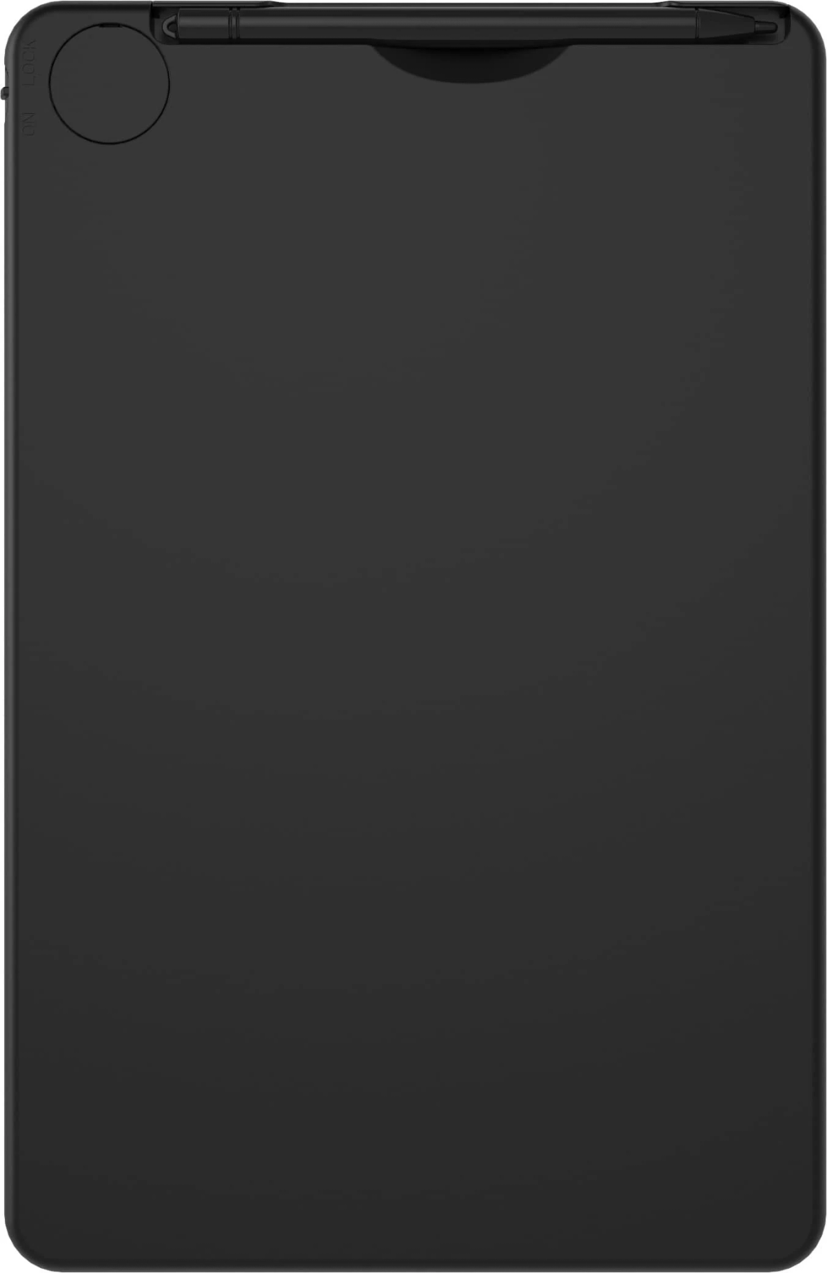 Czarny tablet o eleganckim designie. Ma ciemny ekran i mały okrągły przycisk z boku.