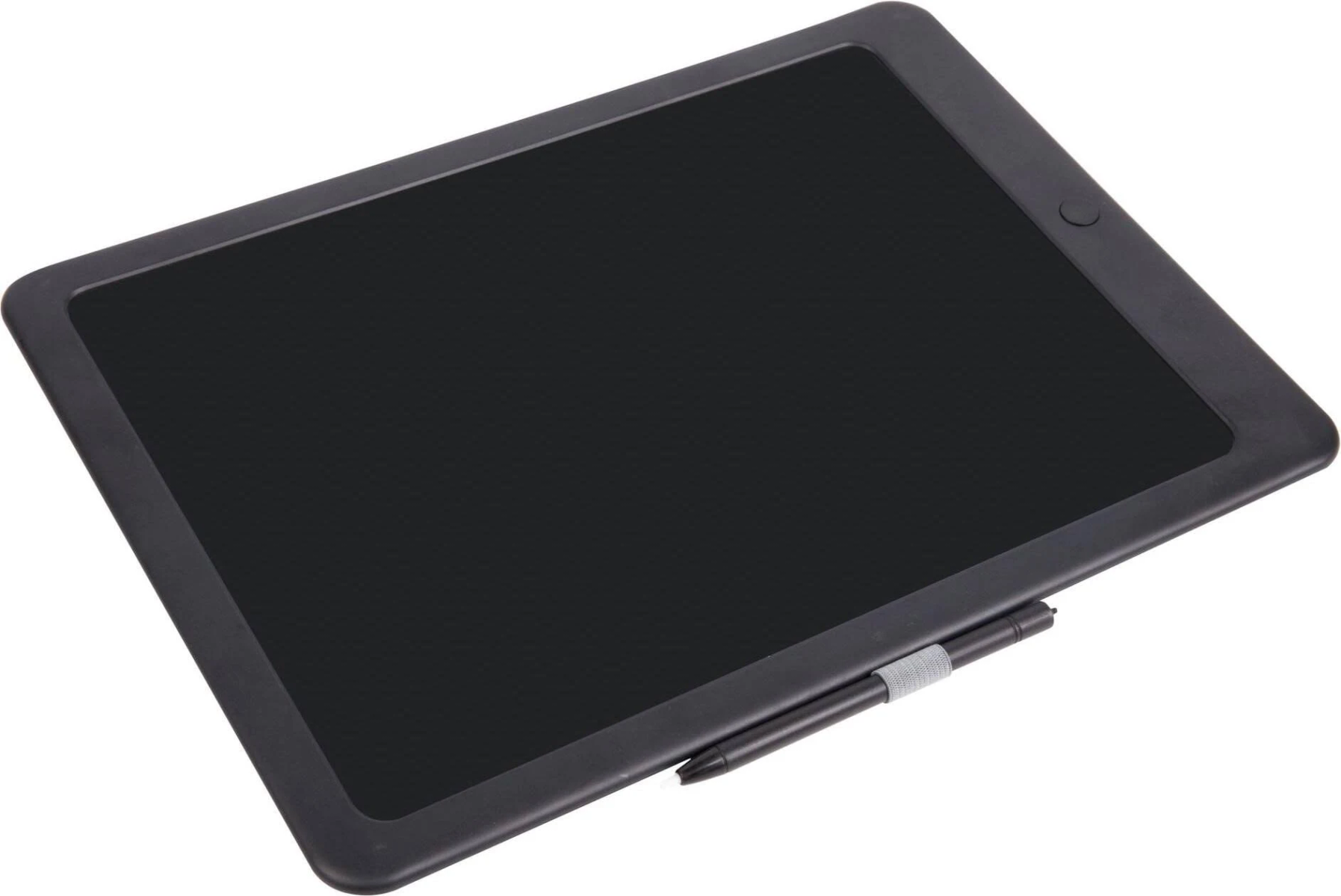 Czarny tablet do pisania cyfrowego z rysikiem. Czarna ramka, białe tło.