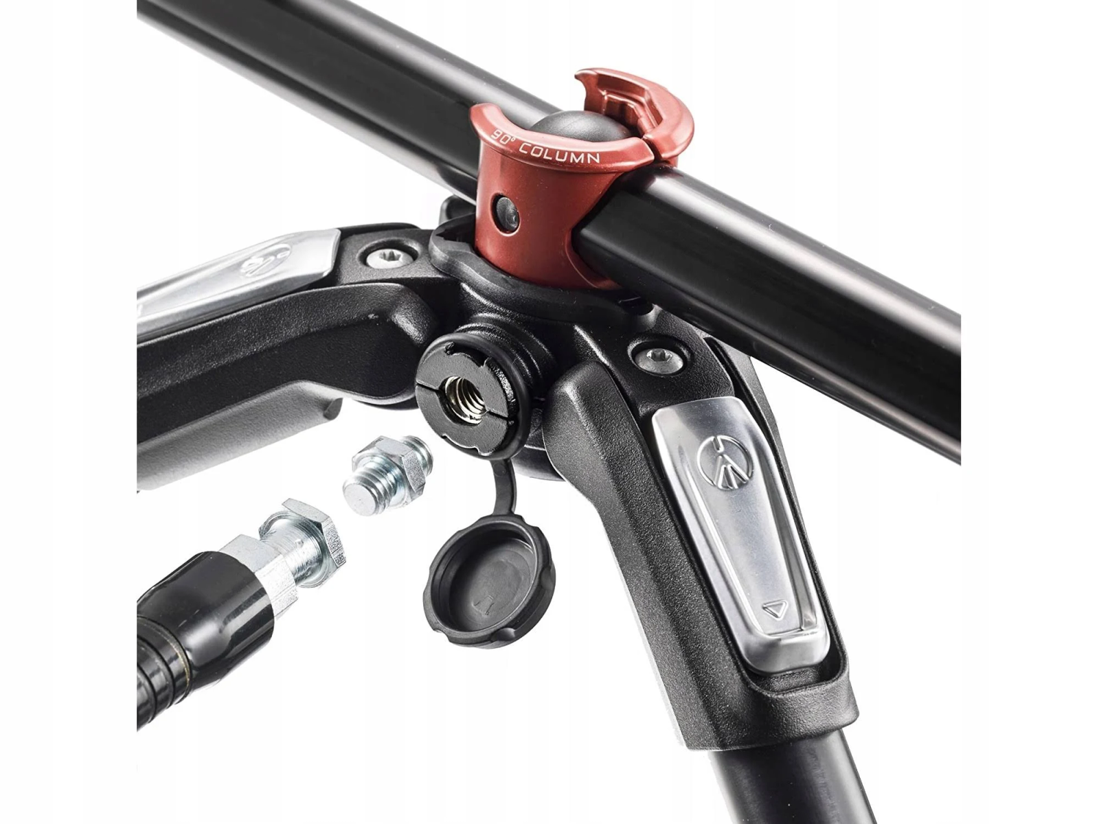 Close-up of a tripod head with red details, screws, and a flexible hose attached.