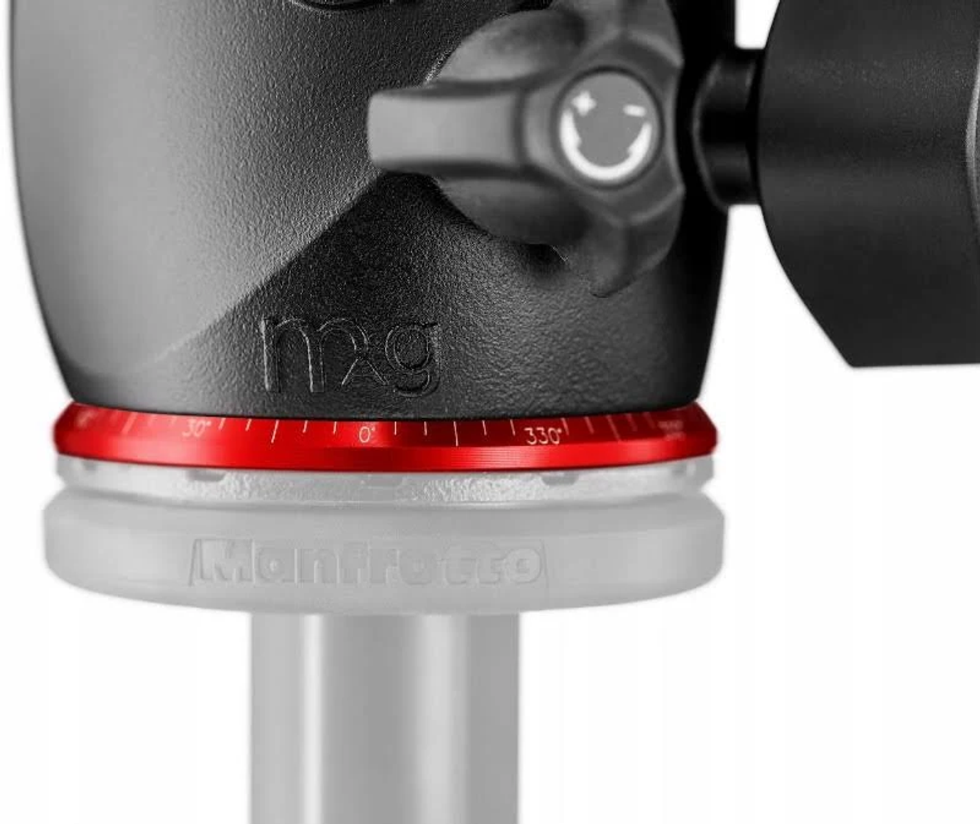Close-up of a tripod head, with a red ring and markings from 0 to 330 degrees.